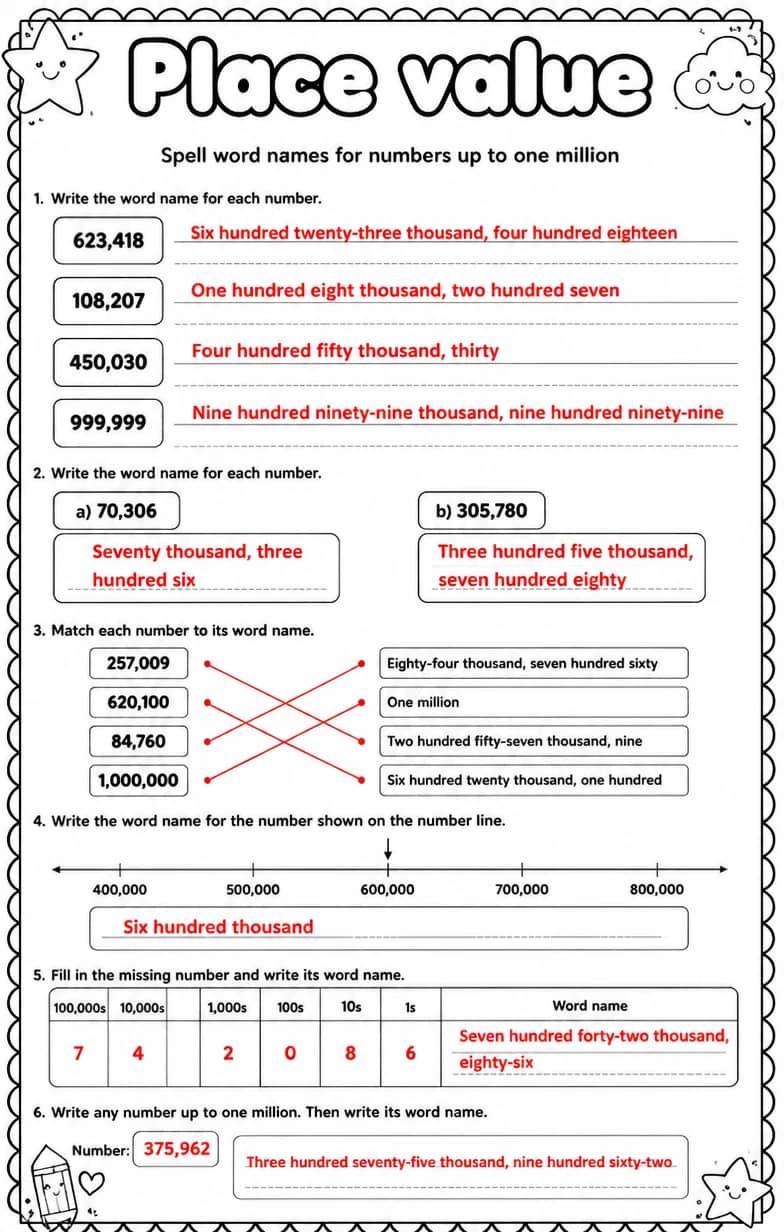 Answer key for Spell word names for numbers up to one million — free printable Math worksheet