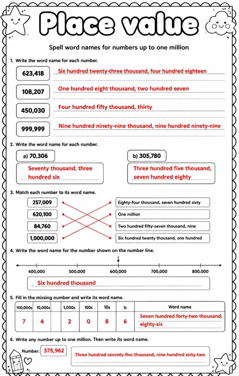 Answer key for Spell word names for numbers up to one million — free printable Math worksheet