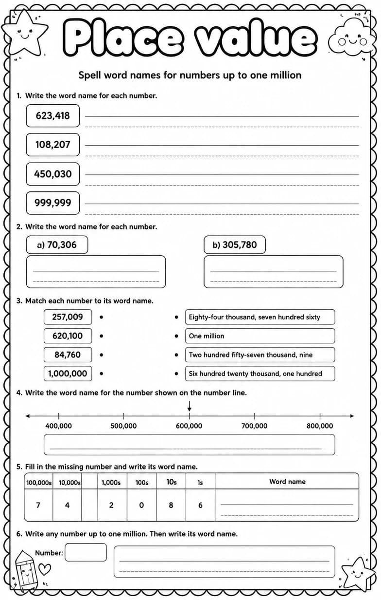 Spell word names for numbers up to one million — free printable Grade 4 math worksheet