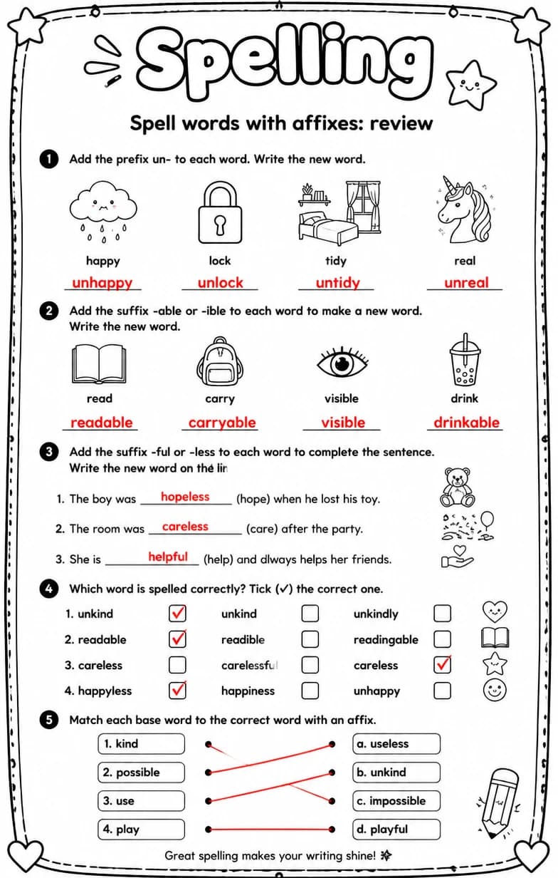 Answer key for Spell words with affixes: review — free printable English & Reading worksheet