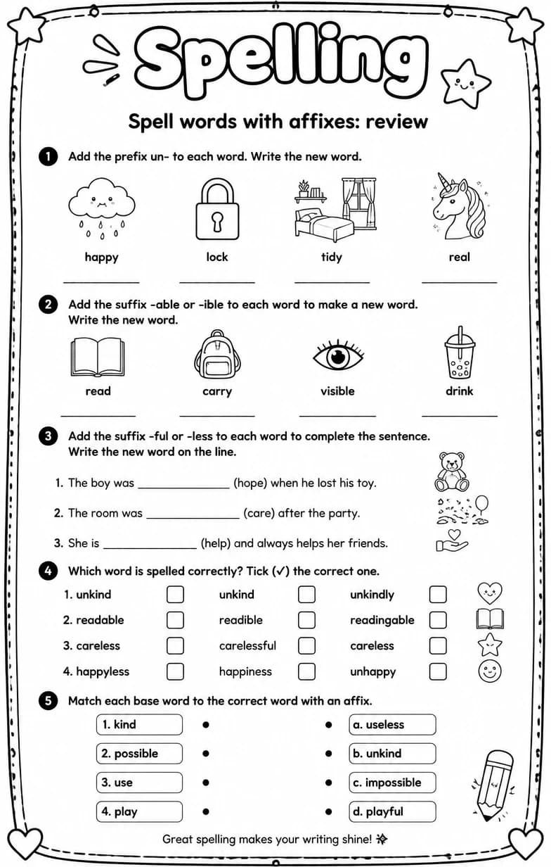 Spell words with affixes: review — free printable Grammar and mechanics English worksheet