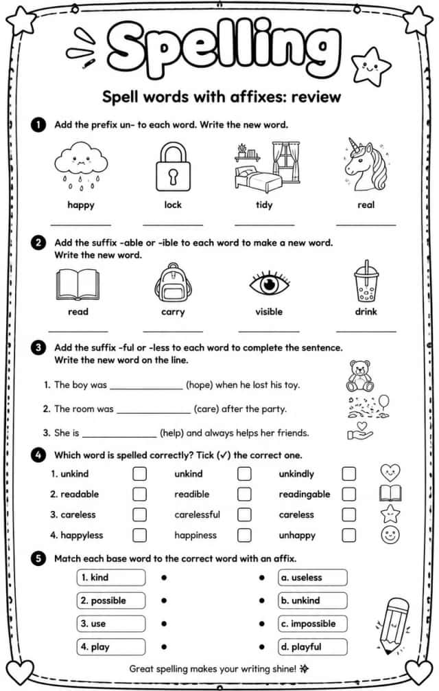 Spell words with affixes: review