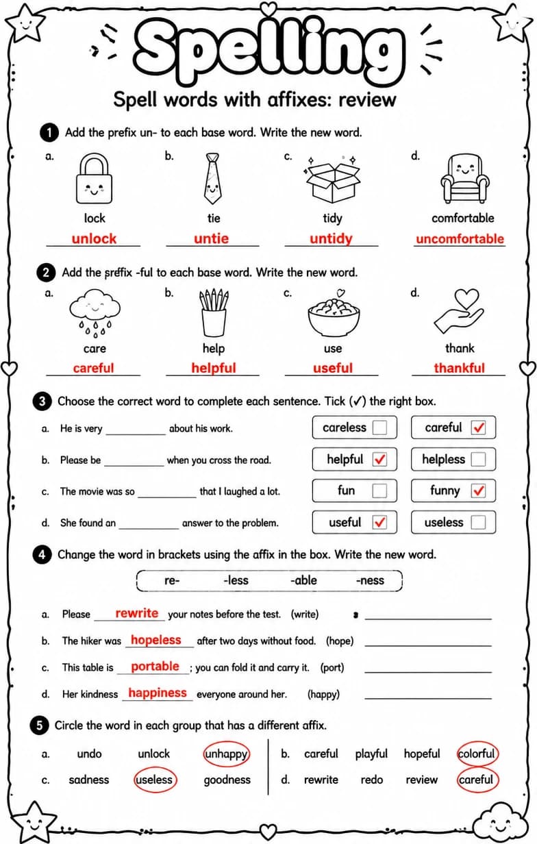 Answer key for Spell words with affixes: review — free printable English & Reading worksheet
