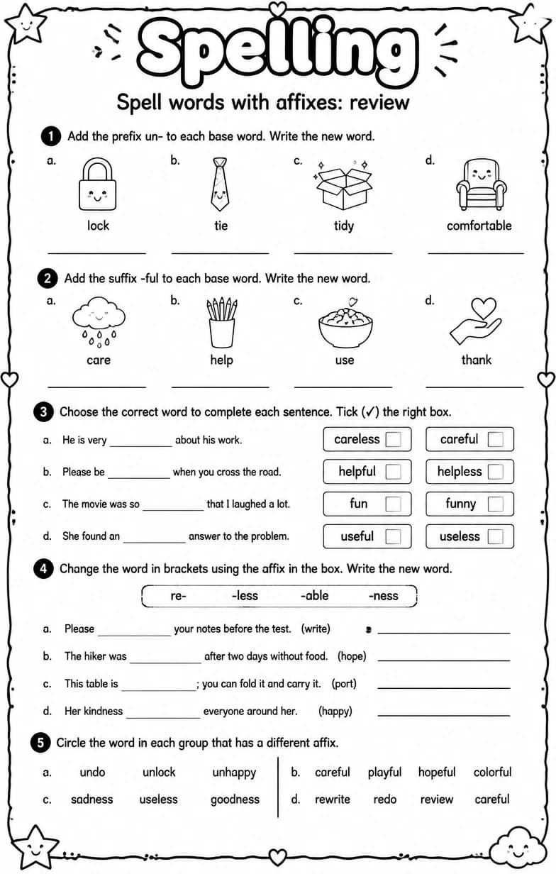 Spell words with affixes: review — free printable Grammar and mechanics English worksheet
