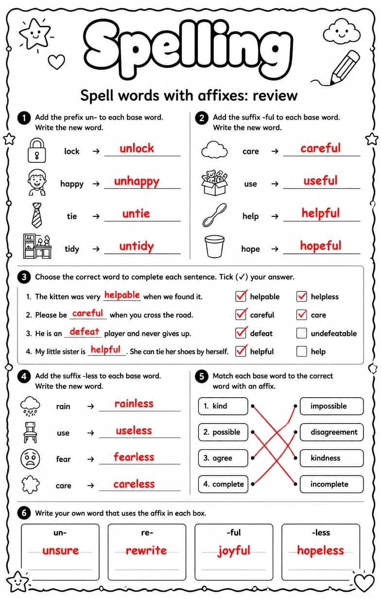 Answer key for Spell words with affixes: review — free printable English & Reading worksheet