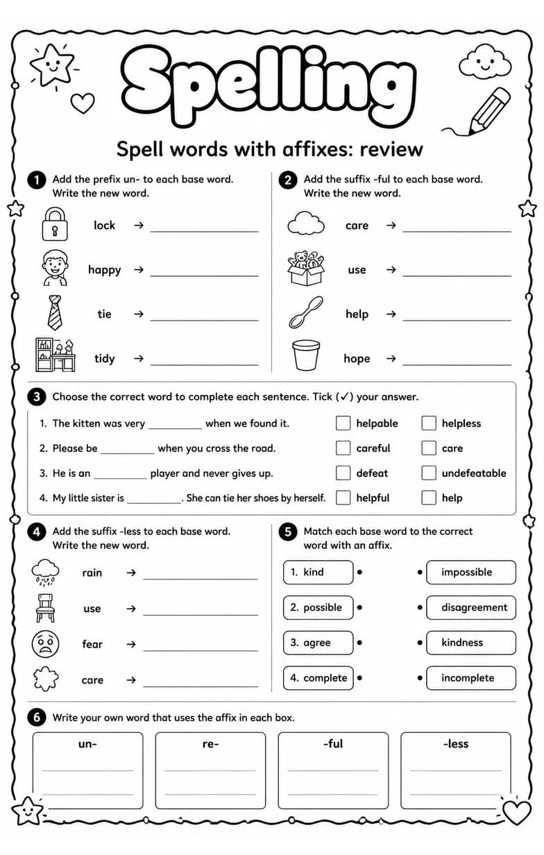Spell words with affixes: review — free printable Grade 4 English & Reading worksheet