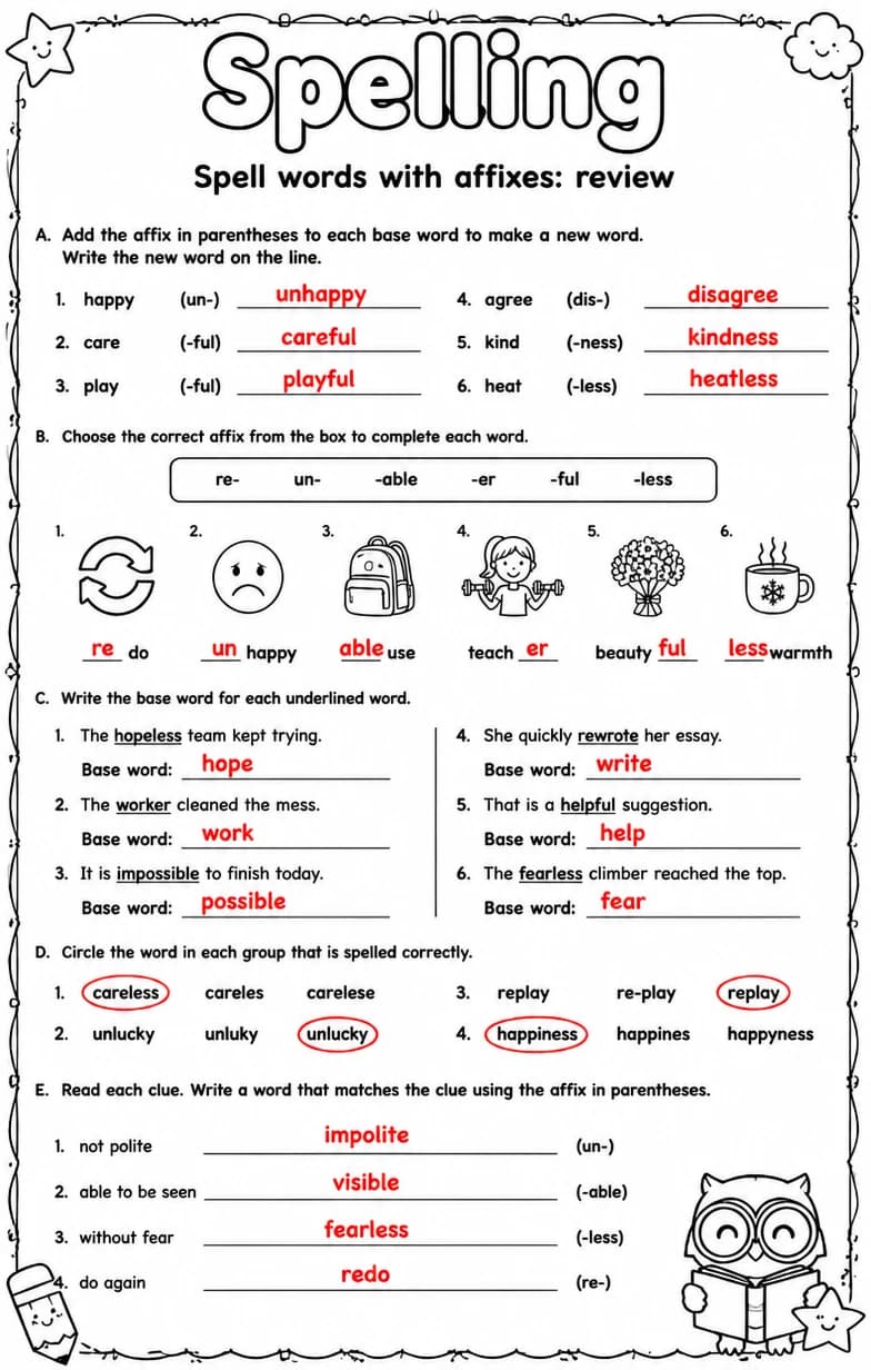 Answer key for Spell words with affixes: review — free printable English & Reading worksheet