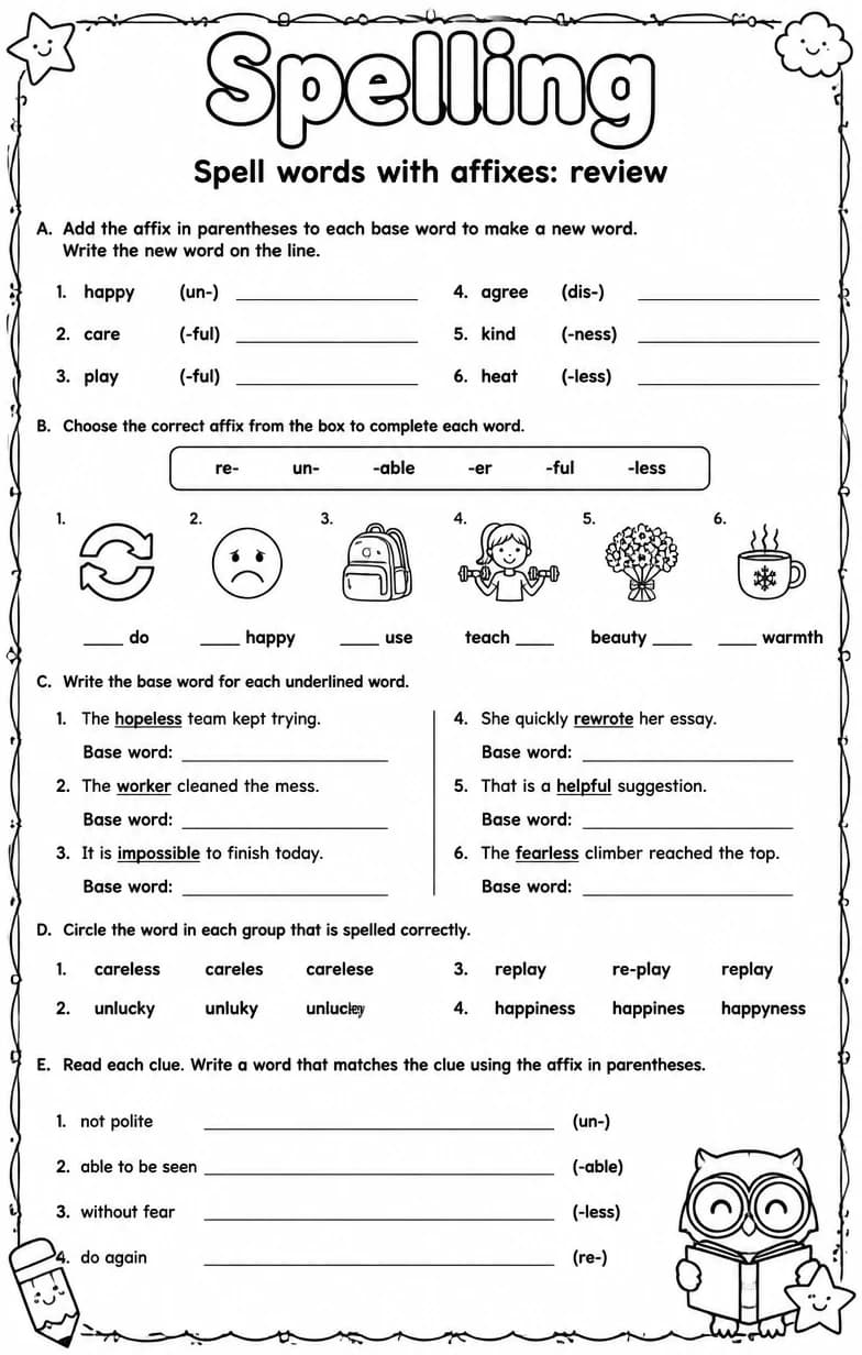 Spell words with affixes: review — free printable Grade 5 English & Reading worksheet