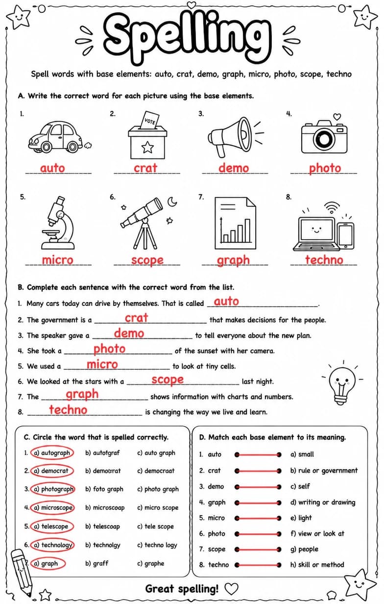 Answer key for Spell words with base elements: auto, crat, demo, graph, micro, photo, scope, techno — free printable English & Reading worksheet