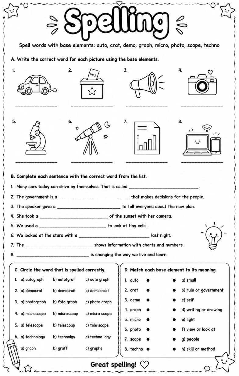 Spell words with base elements: auto, crat, demo, graph, micro, photo, scope, techno — free printable Grammar and mechanics English worksheet