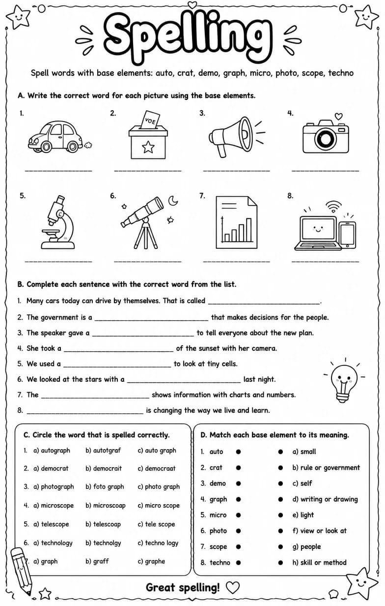 Spell words with base elements: auto, crat, demo, graph, micro, photo, scope, techno — free printable Grammar and mechanics English worksheet