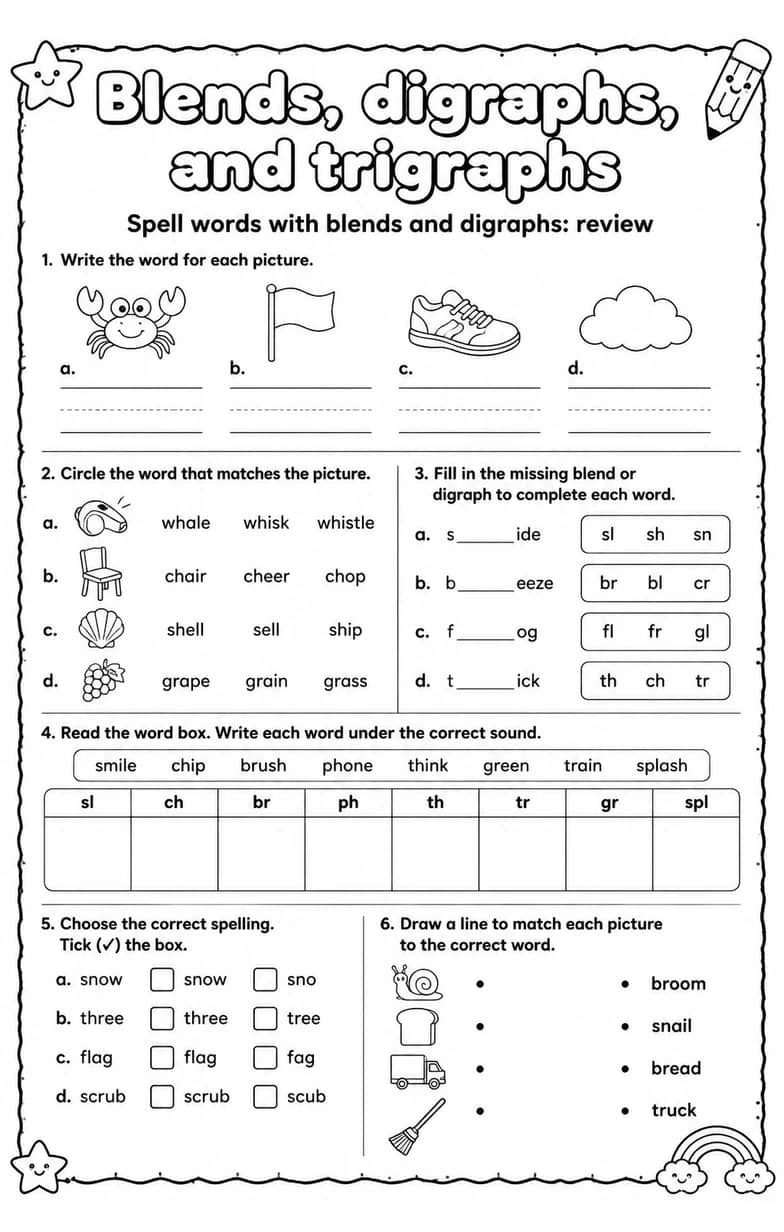 Spell words with blends and digraphs: review — free printable Reading foundations English worksheet