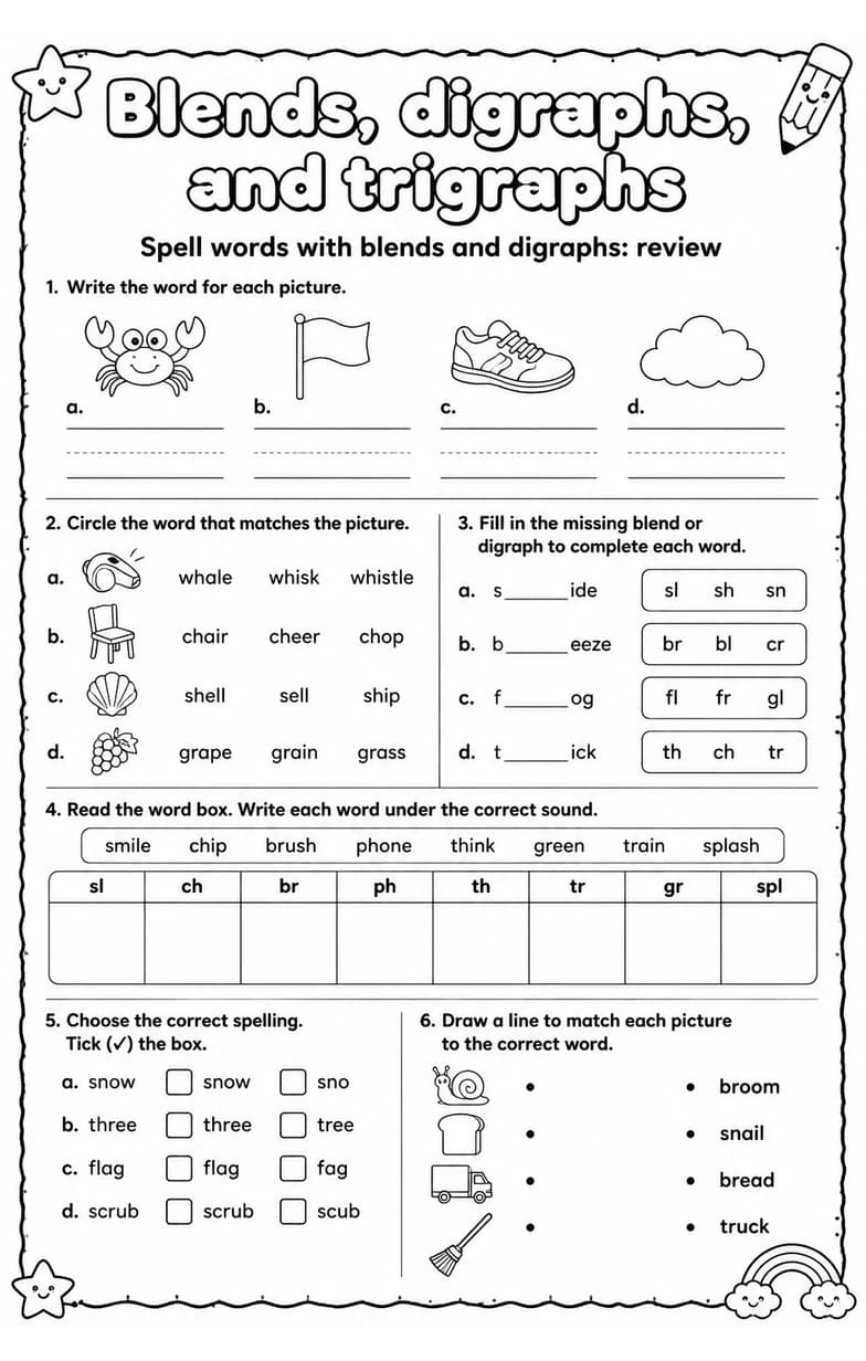 Spell words with blends and digraphs: review — free printable Reading foundations English worksheet