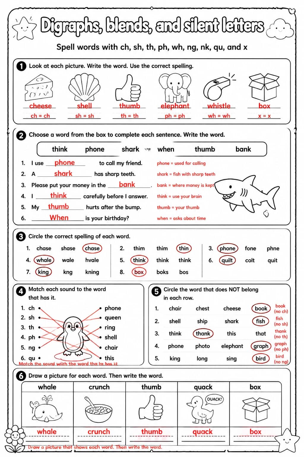 Answer key for Spell words with ch, sh, th, ph, wh, ng, nk, qu, and x — free printable English & Reading worksheet