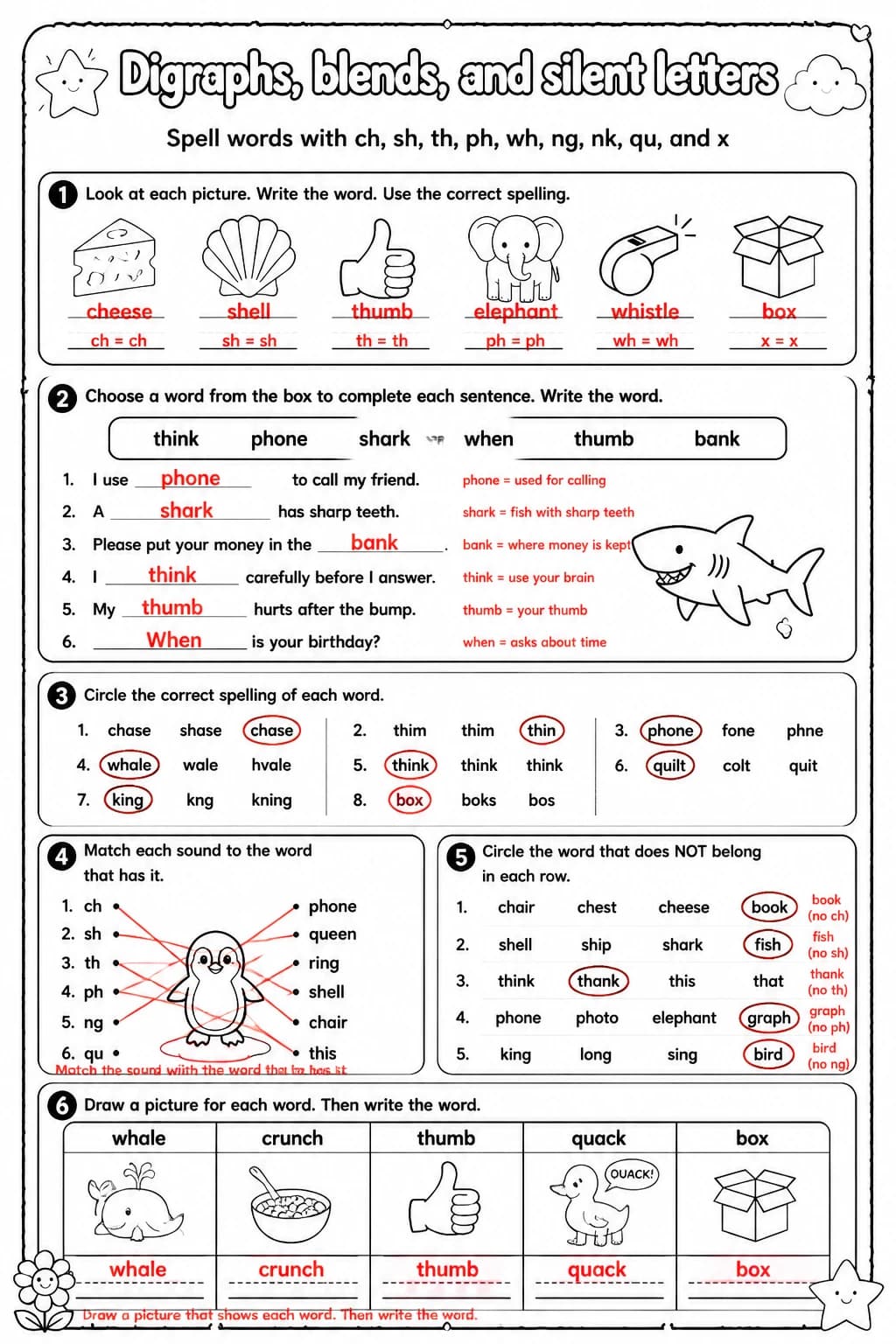 Answer key for Spell words with ch, sh, th, ph, wh, ng, nk, qu, and x — free printable English & Reading worksheet