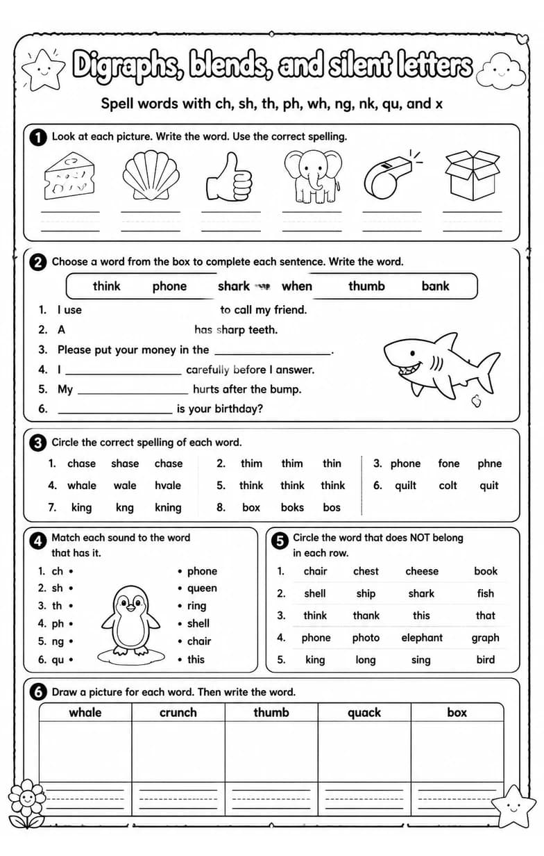 Spell words with ch, sh, th, ph, wh, ng, nk, qu, and x — free printable Grade 2 English & Reading worksheet