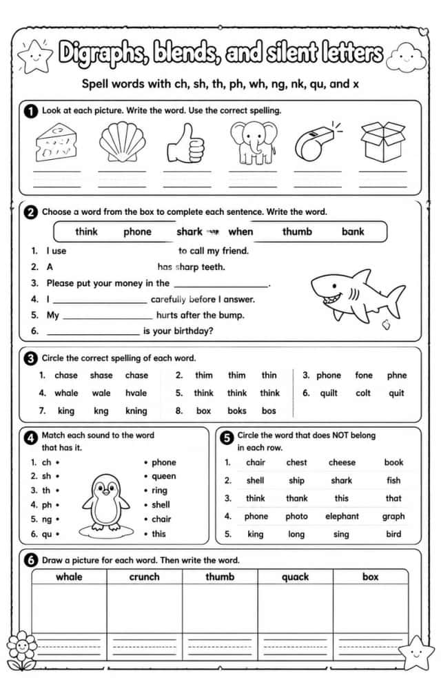 Spell words with ch, sh, th, ph, wh, ng, nk, qu, and x