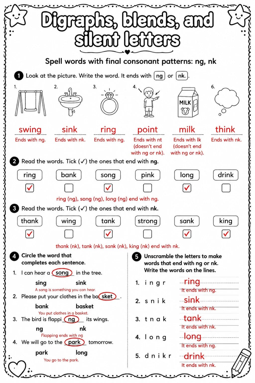 Answer key for Spell words with final consonant patterns: ng, nk — free printable English & Reading worksheet