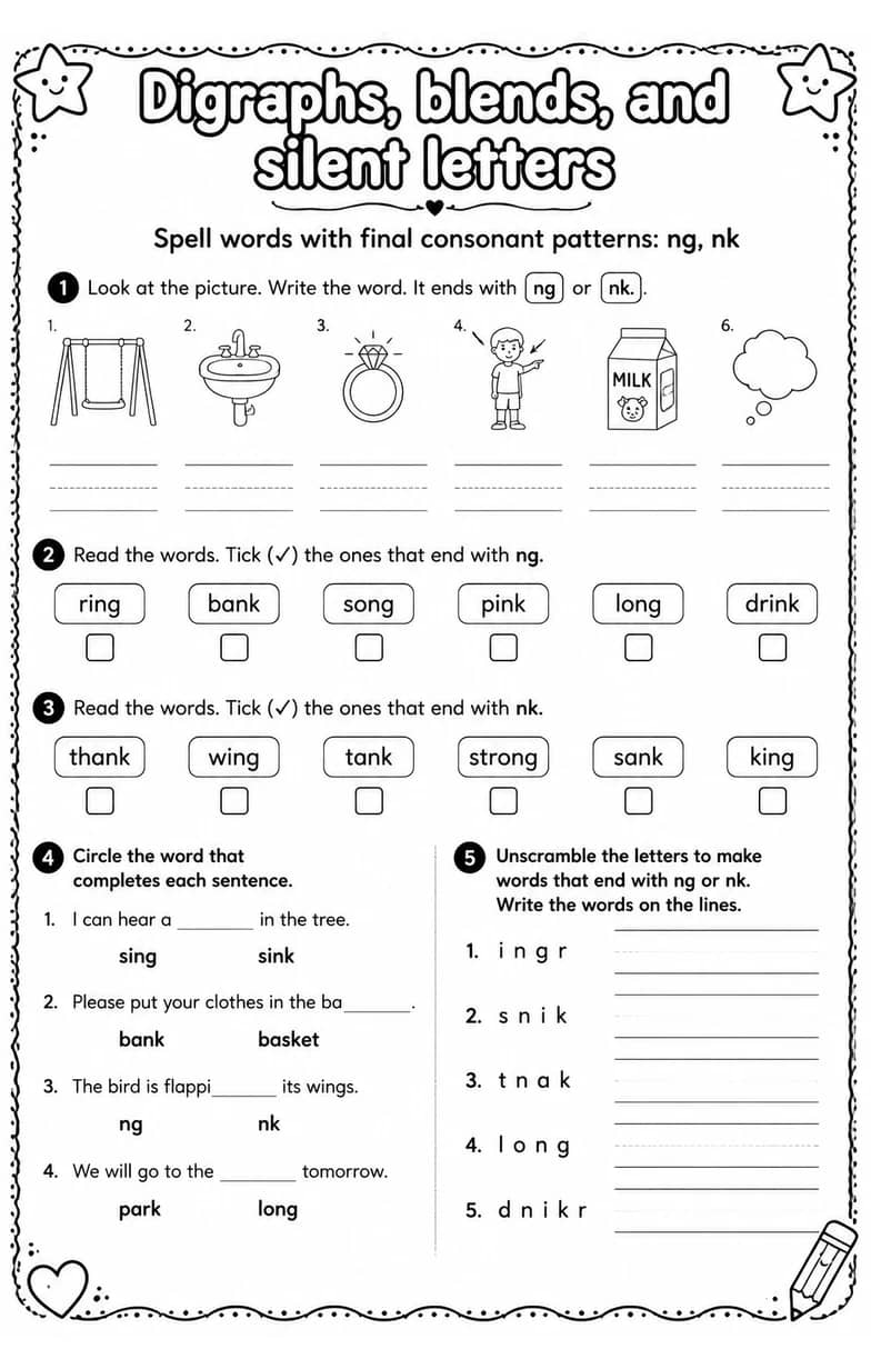 Spell words with final consonant patterns: ng, nk — free printable Reading foundations English worksheet