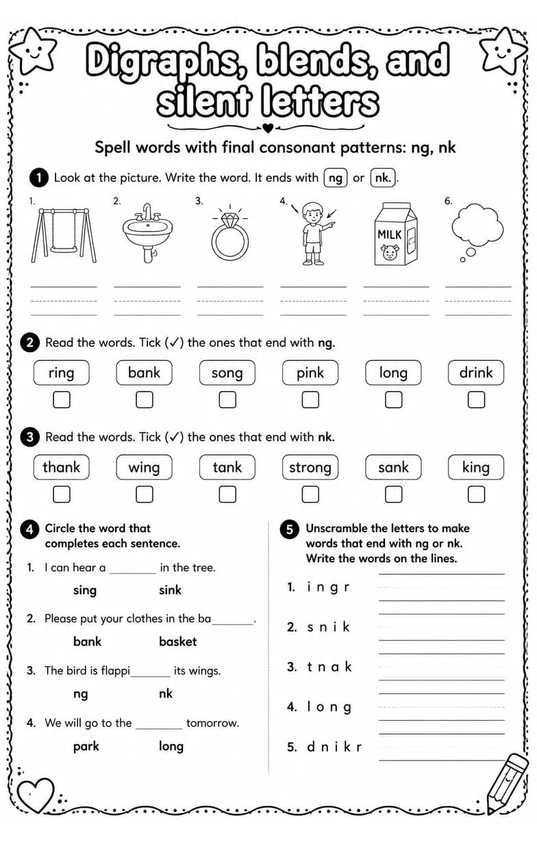 Spell words with final consonant patterns: ng, nk — free printable Reading foundations English worksheet