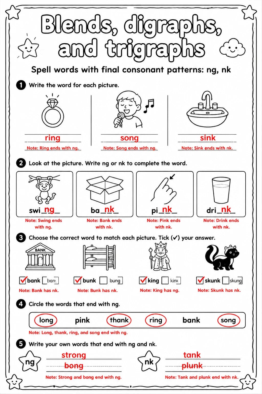 Answer key for Spell words with final consonant patterns: ng, nk — free printable English & Reading worksheet
