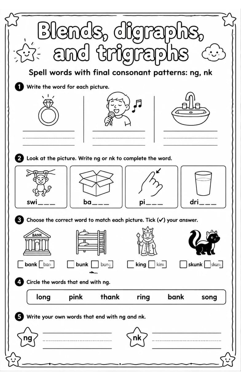 Spell words with final consonant patterns: ng, nk — free printable Reading foundations English worksheet