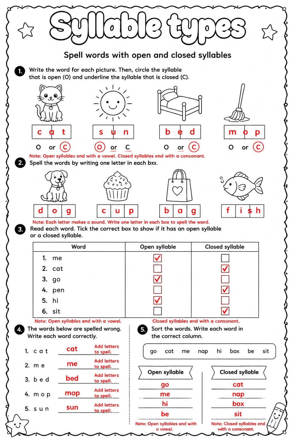 Answer key for Spell words with open and closed syllables — free printable English & Reading worksheet