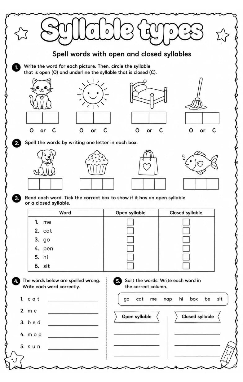 Spell words with open and closed syllables — free printable Reading foundations English worksheet