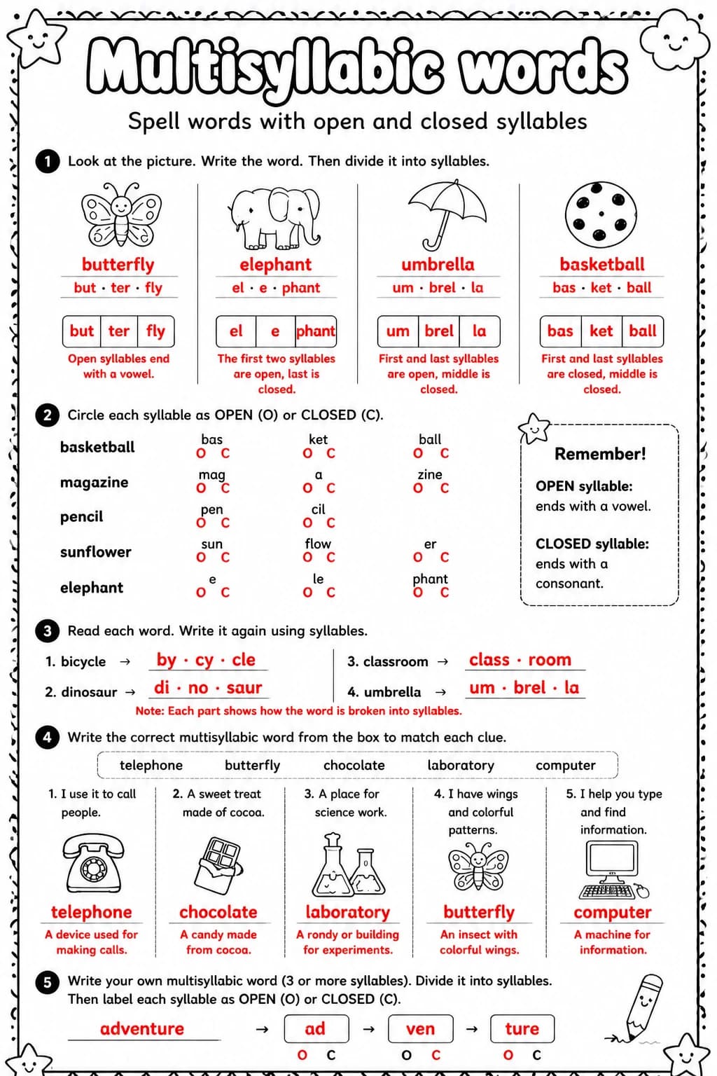 Answer key for Spell words with open and closed syllables — free printable English & Reading worksheet