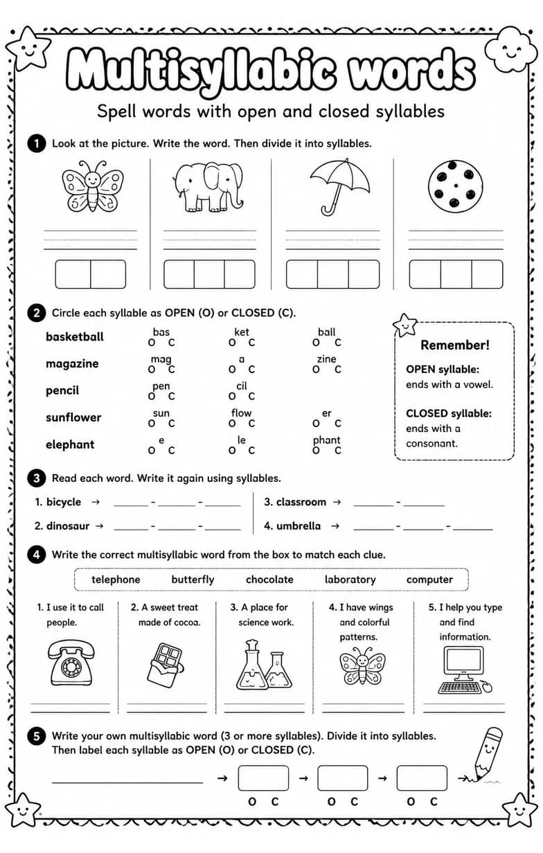 Spell words with open and closed syllables — free printable Reading foundations English worksheet