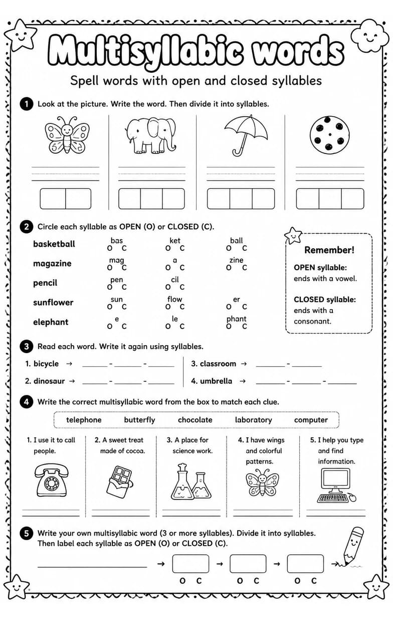 Spell words with open and closed syllables — free printable Reading foundations English worksheet