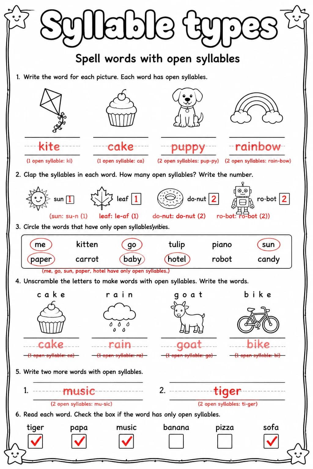 Answer key for Spell words with open syllables — free printable English & Reading worksheet