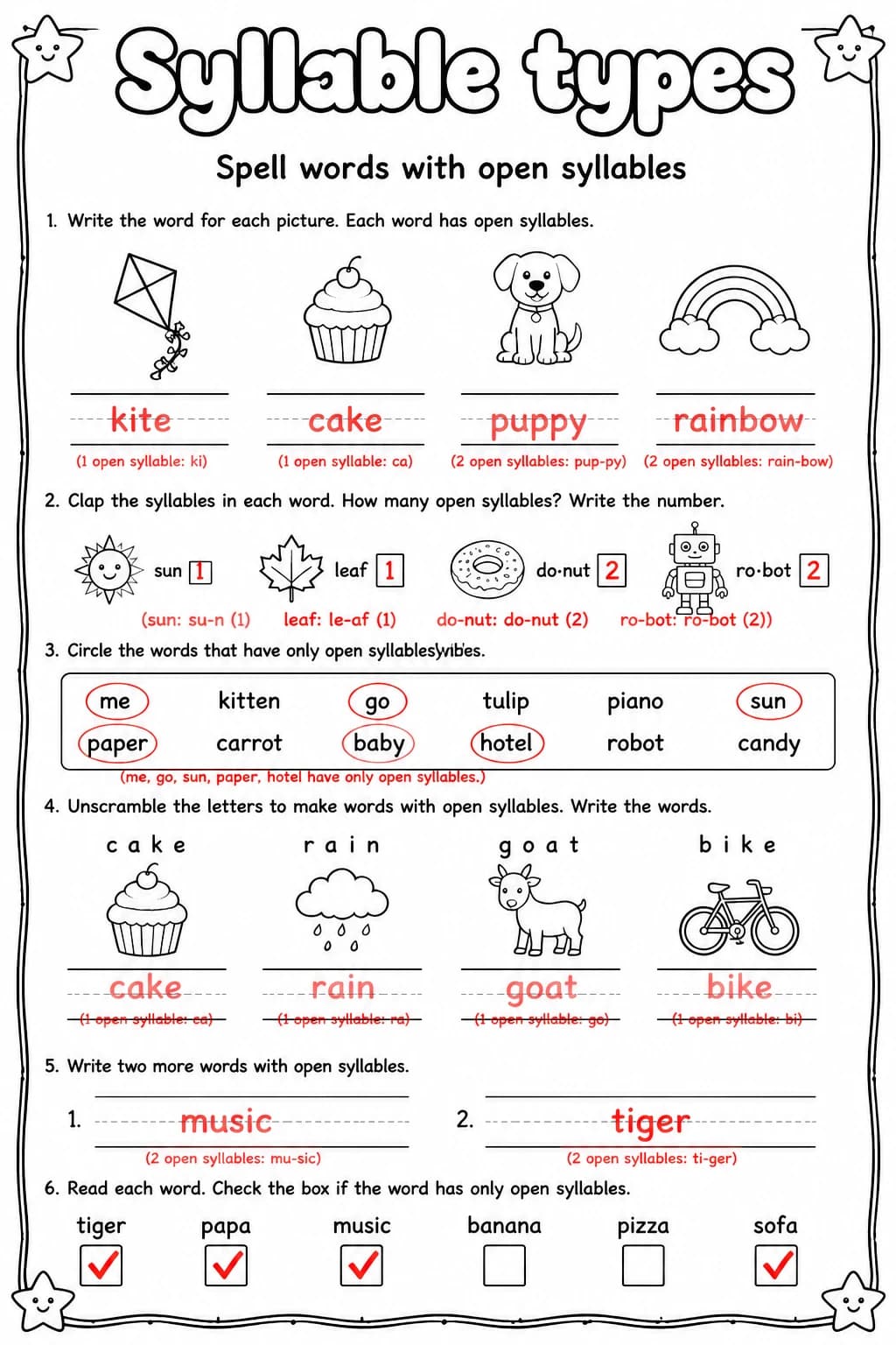 Answer key for Spell words with open syllables — free printable English & Reading worksheet