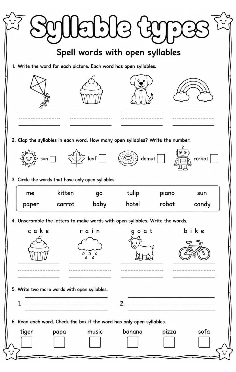 Spell words with open syllables — free printable Grade 2 English & Reading worksheet