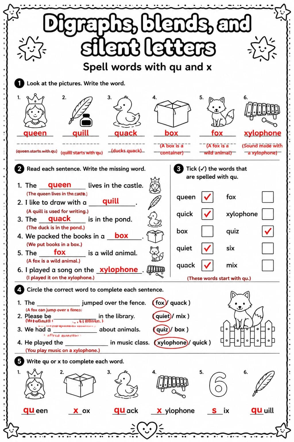 Answer key for Spell words with qu and x — free printable English & Reading worksheet
