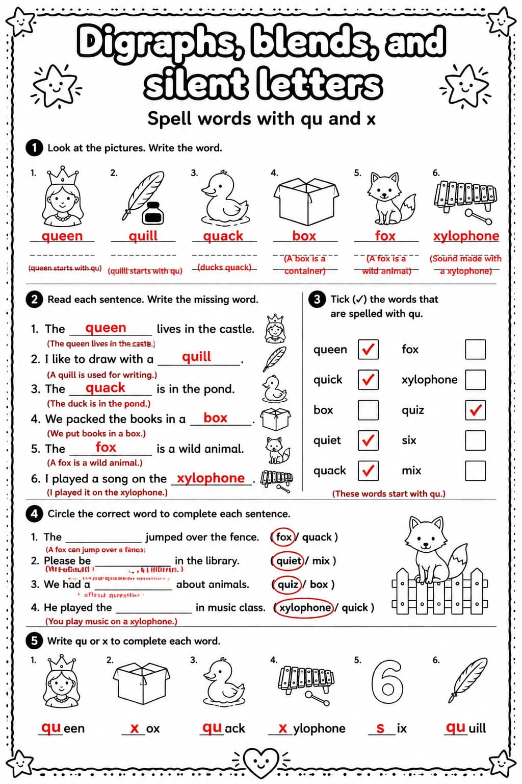 Answer key for Spell words with qu and x — free printable English & Reading worksheet