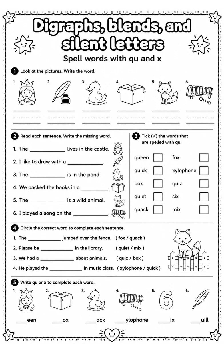 Spell words with qu and x — free printable Grade 2 English & Reading worksheet