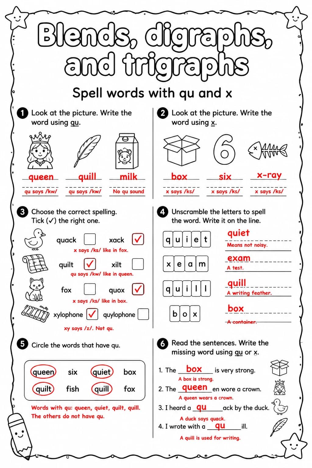 Answer key for Spell words with qu and x — free printable English & Reading worksheet