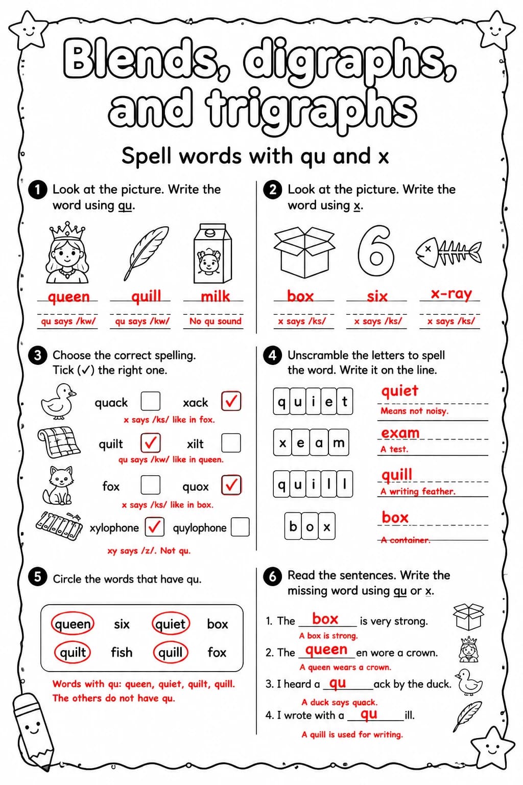 Answer key for Spell words with qu and x — free printable English & Reading worksheet