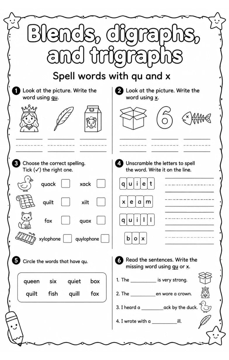 Spell words with qu and x — free printable Grade 3 English & Reading worksheet