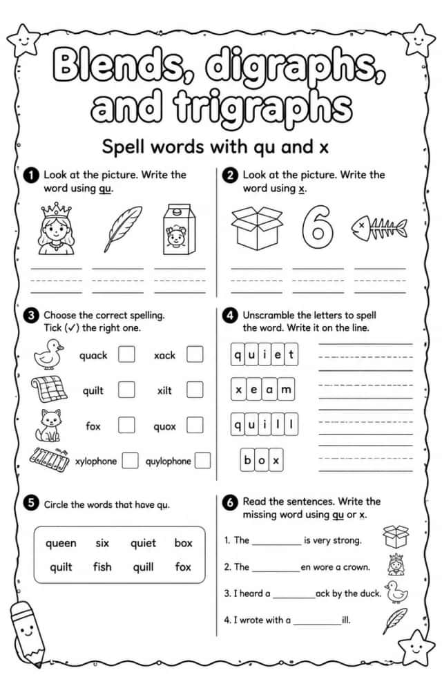 Spell words with qu and x
