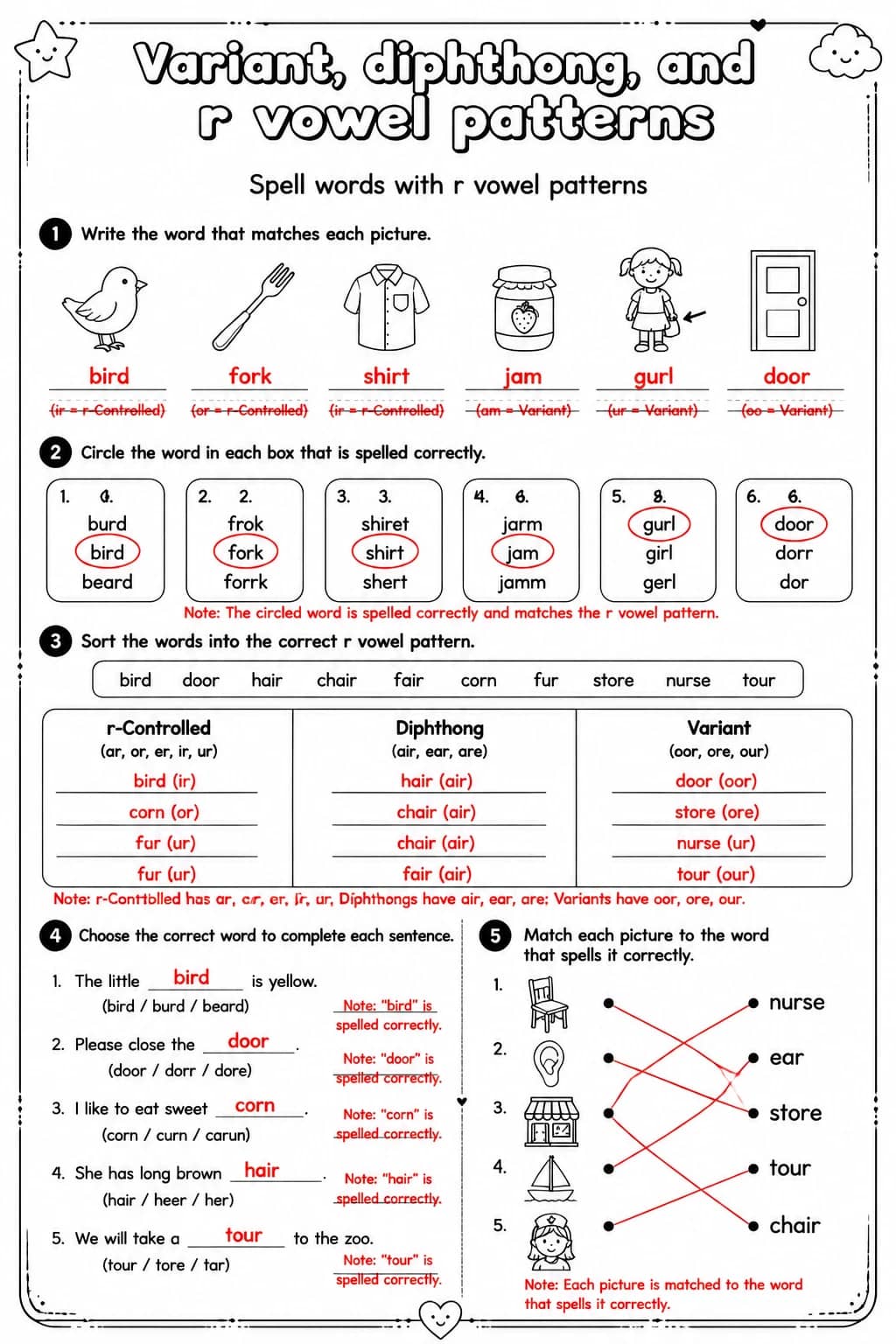 Answer key for Spell words with r vowel patterns — free printable English & Reading worksheet
