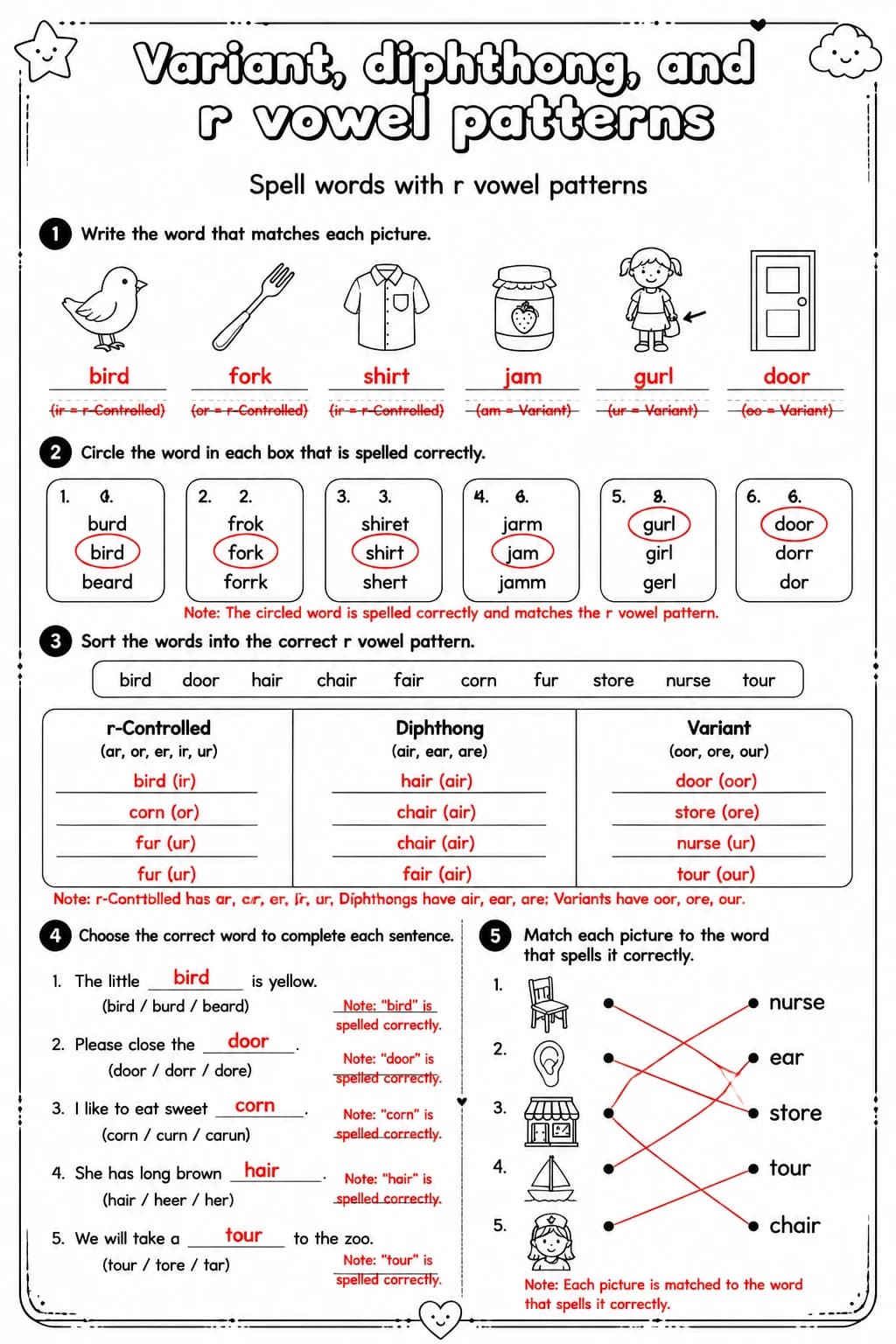 Answer key for Spell words with r vowel patterns — free printable English & Reading worksheet