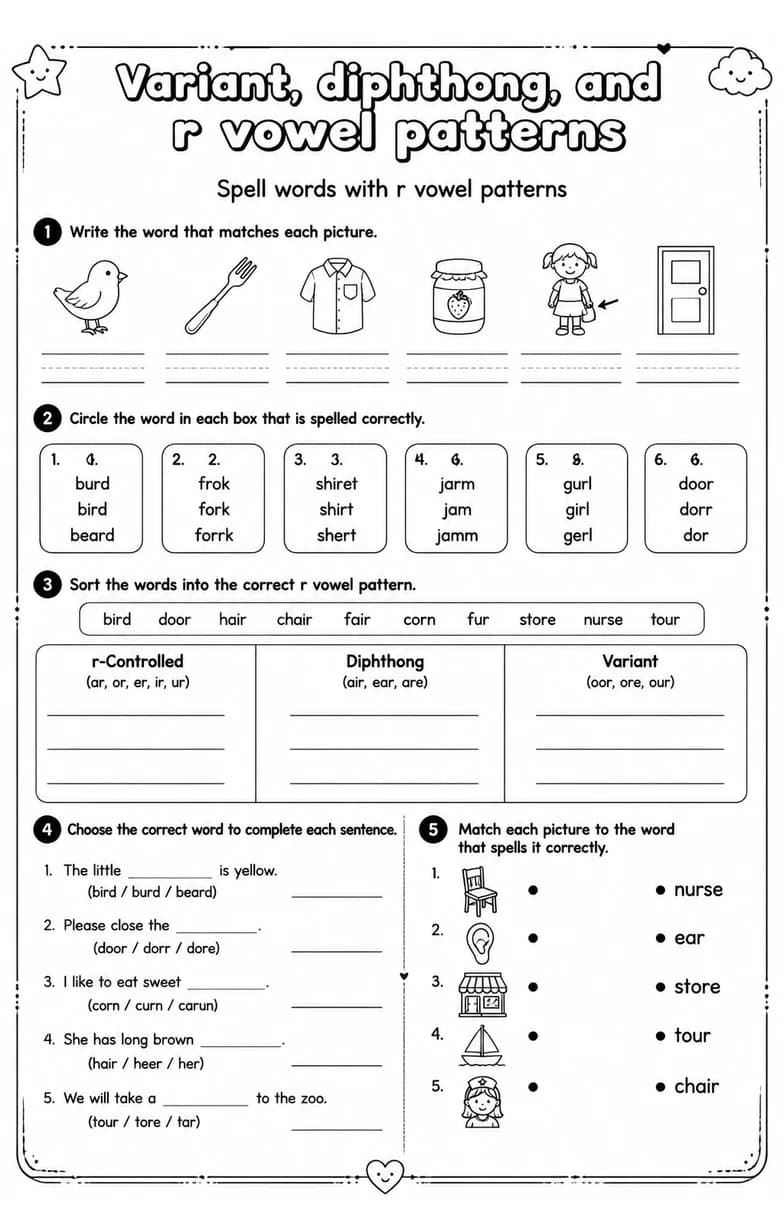 Spell words with r vowel patterns — free printable Grade 3 English & Reading worksheet