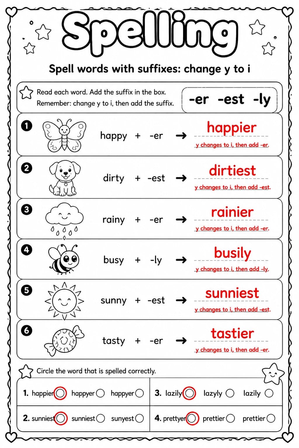Answer key for Spell words with suffixes: change y to i — free printable English & Reading worksheet