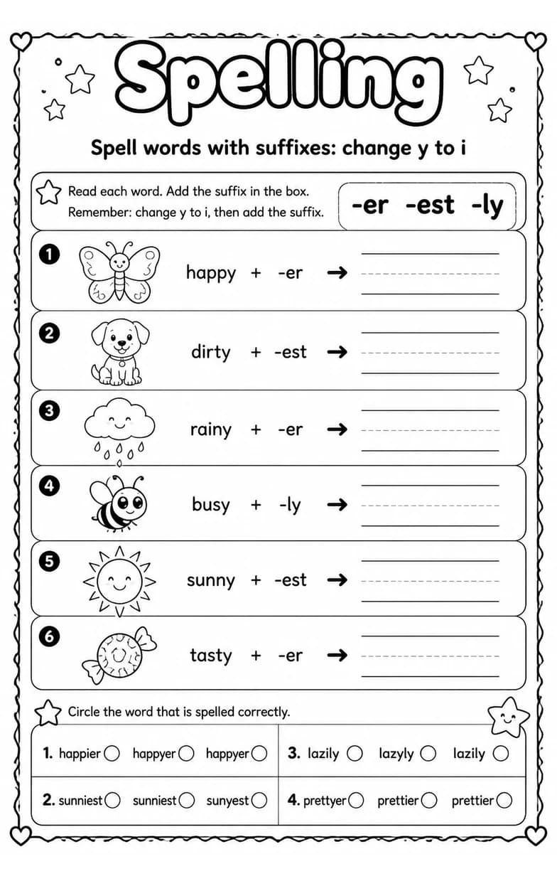 Spell words with suffixes: change y to i — free printable Grade 2 English & Reading worksheet