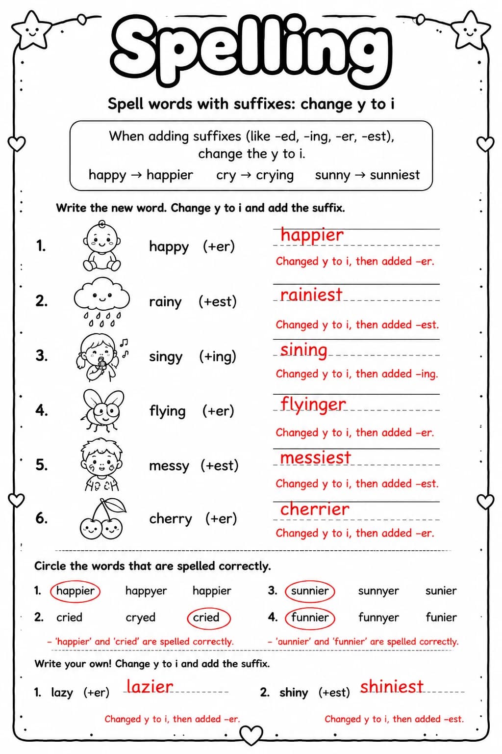 Answer key for Spell words with suffixes: change y to i — free printable English & Reading worksheet