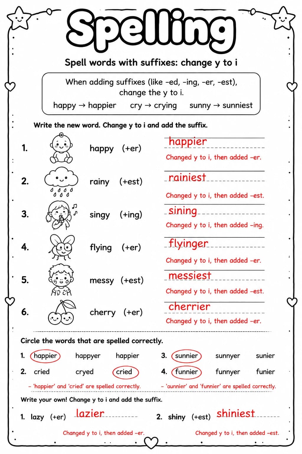 Answer key for Spell words with suffixes: change y to i — free printable English & Reading worksheet