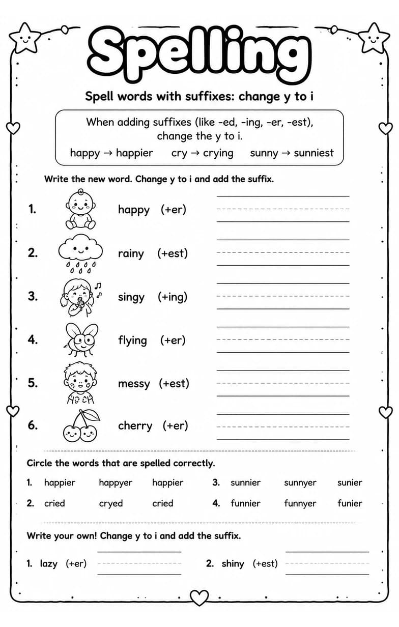 Spell words with suffixes: change y to i — free printable Grade 3 English & Reading worksheet