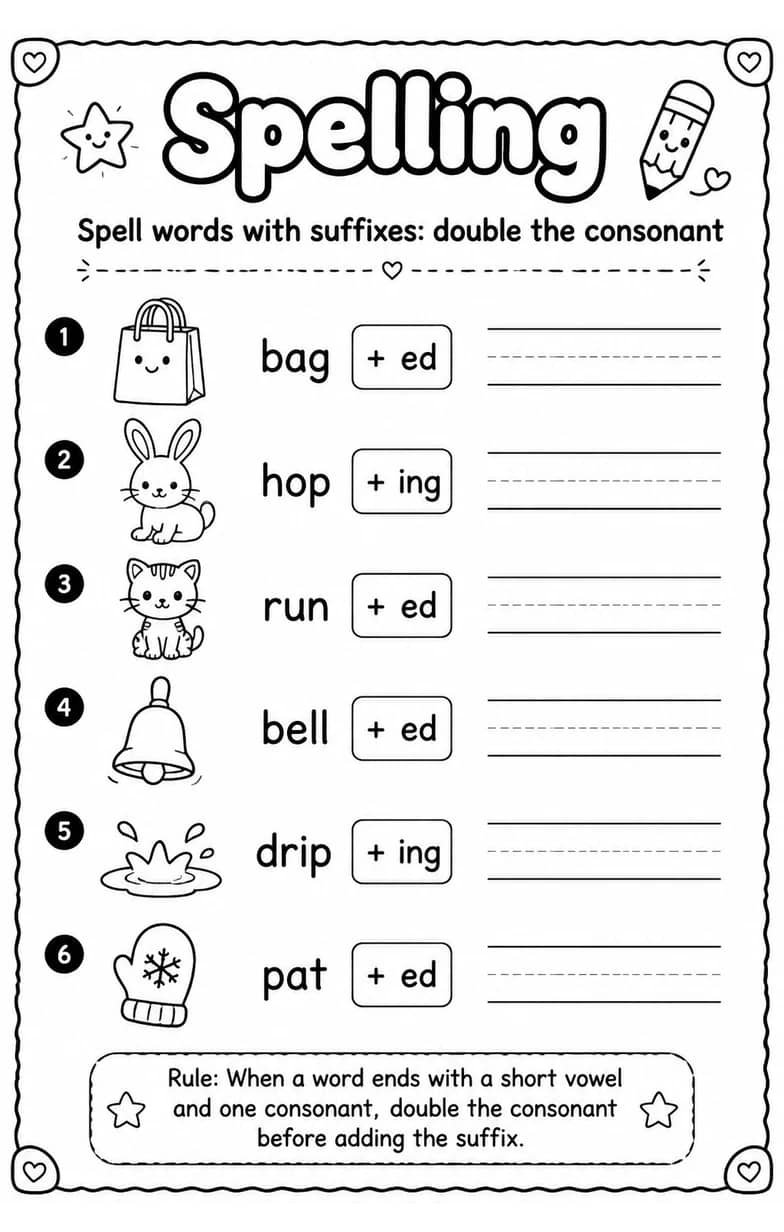 Spell words with suffixes: double the consonant — free printable Grammar and mechanics English worksheet